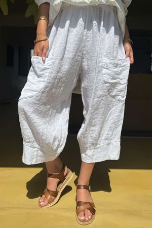 Made in Italy Pure Linen Classic 7/8 Pull On Pant White  - 